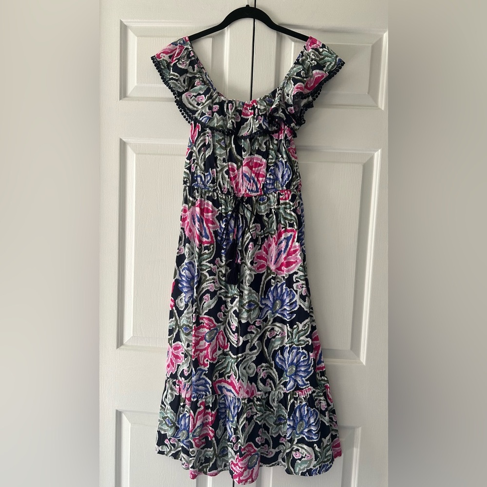 LOFT Pink and Blue Midi Tropical Floral Ruffled Sundress XS